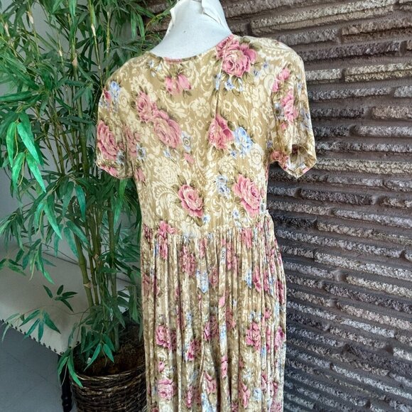 Jane Ashley Vintage 90s Gold Beaded Floral Grunge Back Tie Dress Size Small - Picture 6 of 13